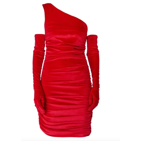 SOLD Miscreants SJP Dress Red Velvet With Opera Gloves UK 10 US 8 - Picture 2 of 4